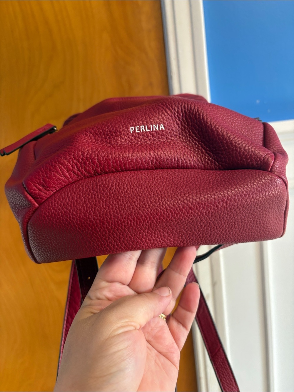 Perlina Pebbled Wine Red Leather Backpack - Picture 2 of 8